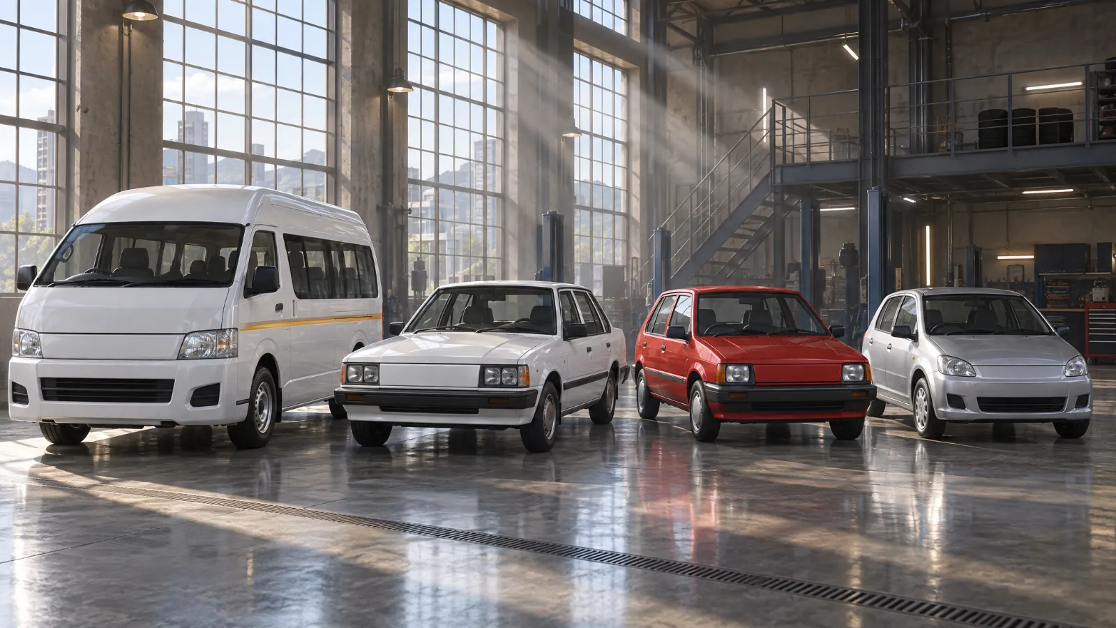 Lineup of a minibus taxi, a classic boxy sedan and two hatchbacks in a garage (illustration)