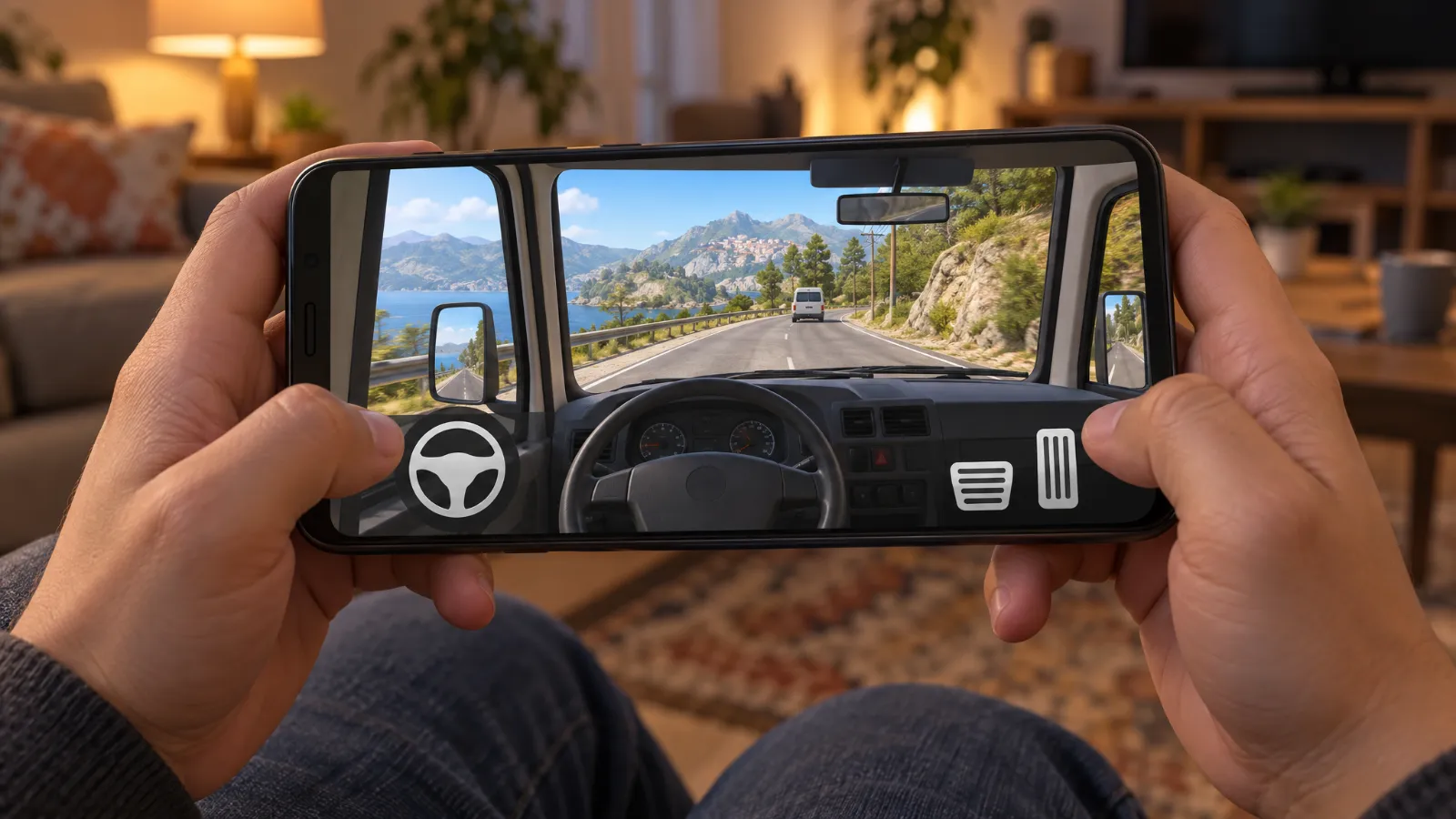 Hands holding a phone in landscape with on-screen steering wheel and pedal controls (illustration)