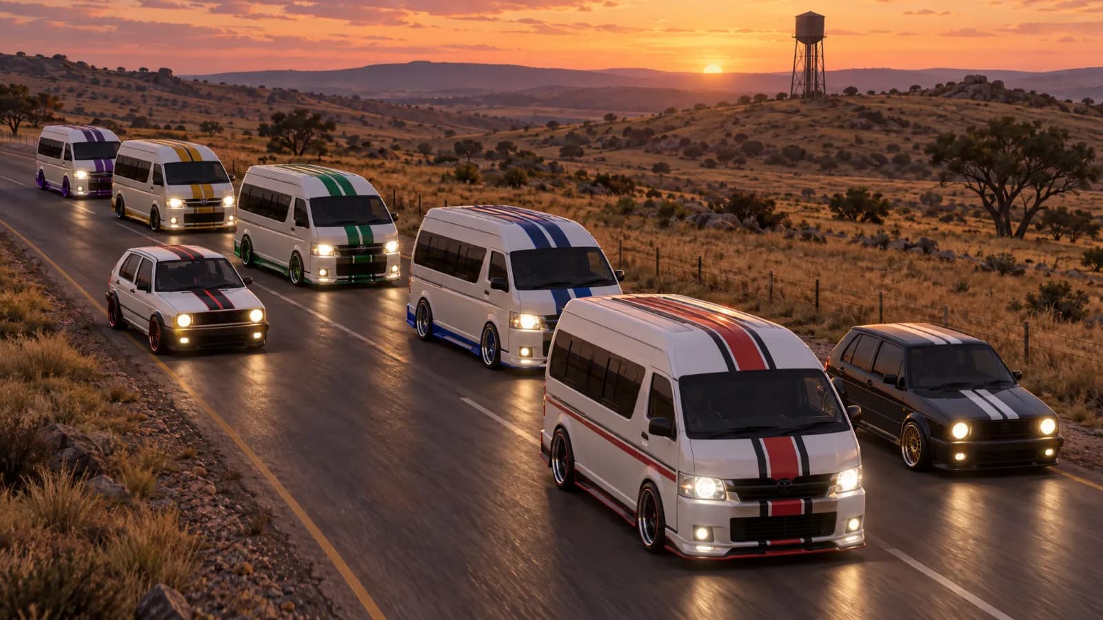 Convoy of customised minibus taxis and hatchbacks on a rural road at dusk (illustration)