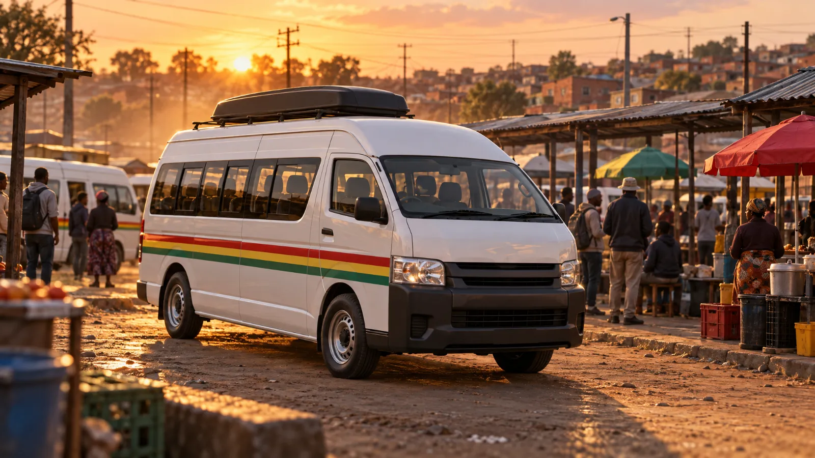 White minibus taxi with a roof box and a red, yellow and green stripe at a township taxi rank at sunset (illustration)