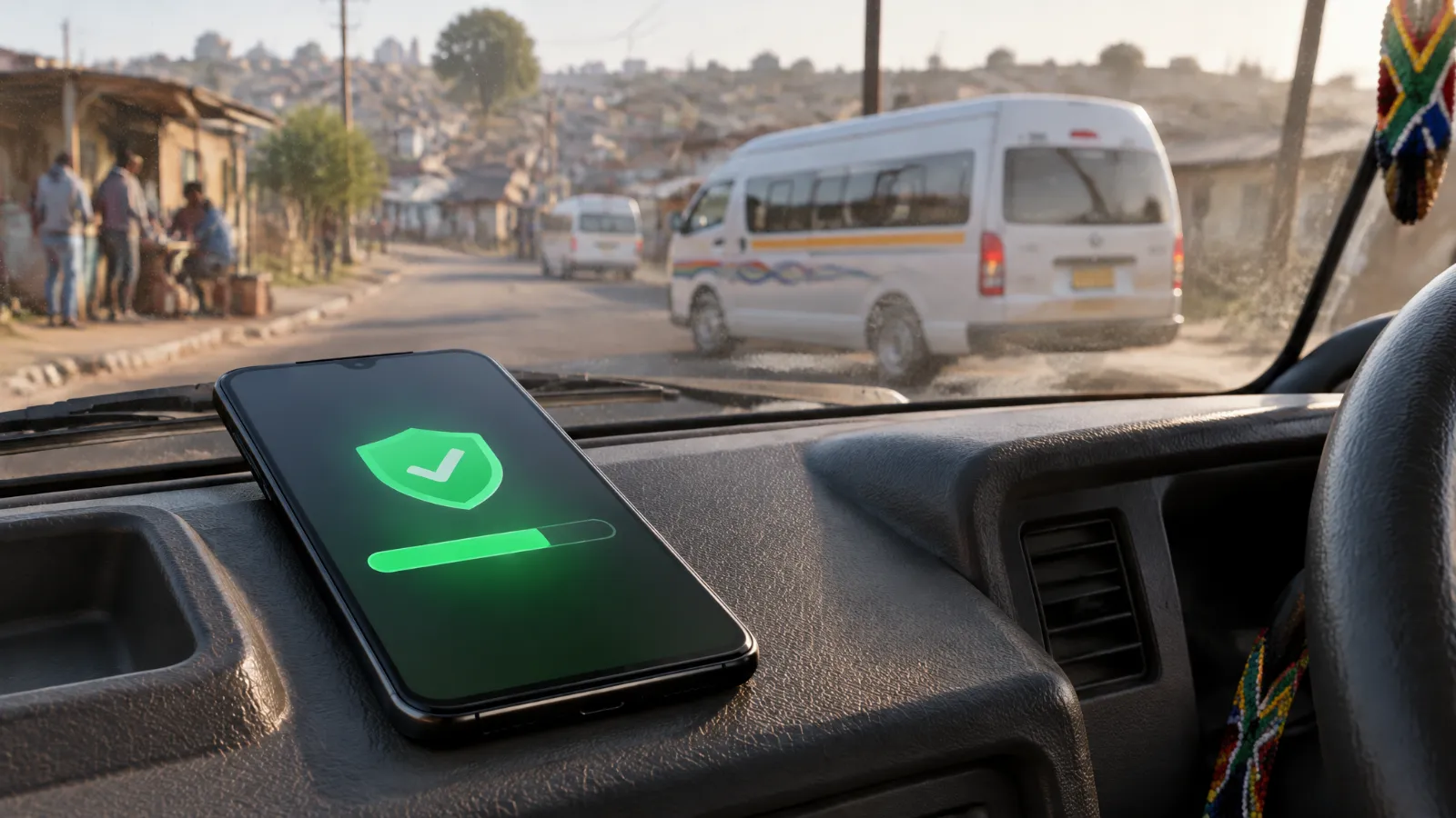 Android phone on a taxi dashboard showing a download progress bar and a green security shield (illustration)