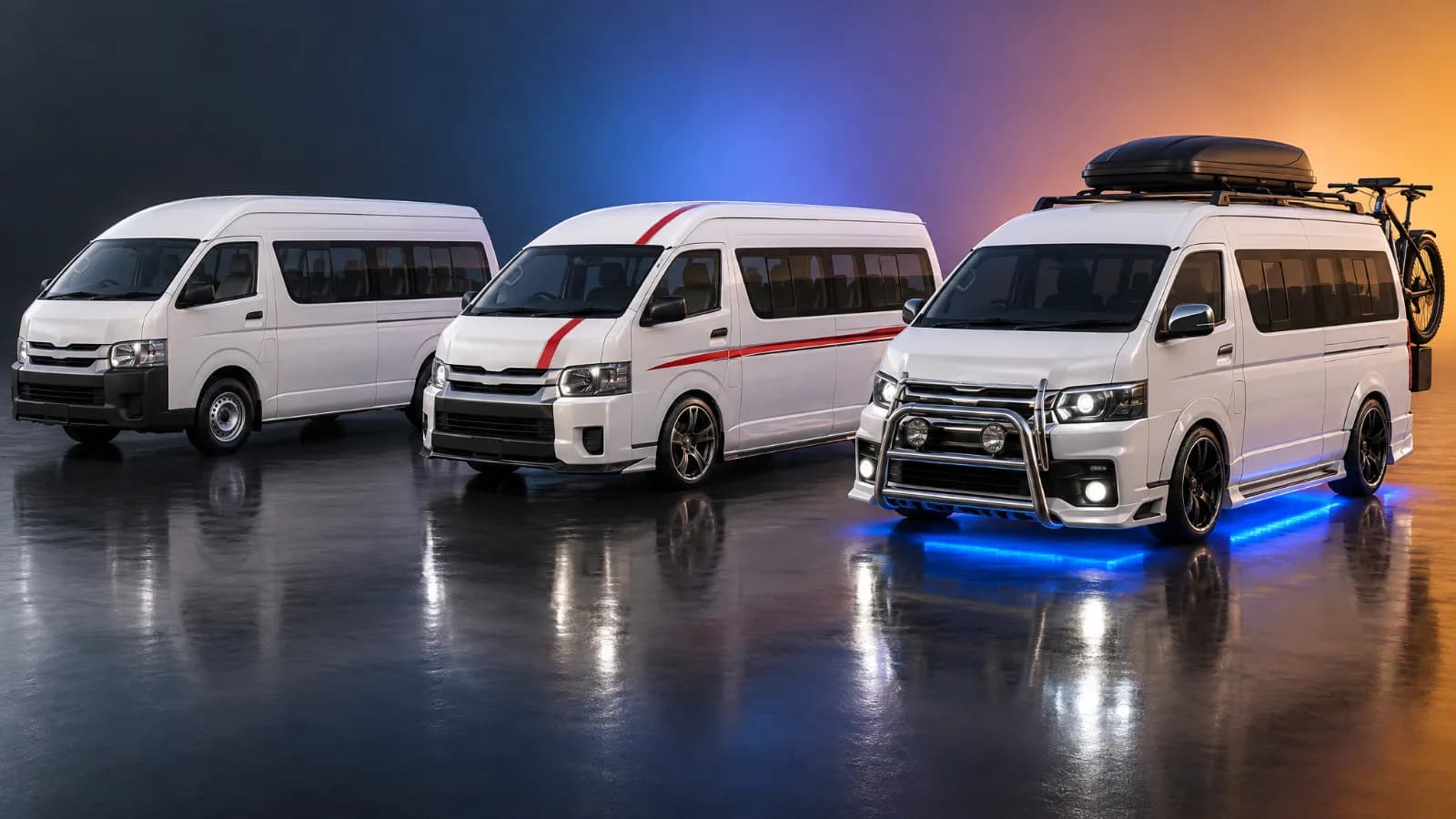 Three minibus taxis showing a progression from plain to fully customised (illustration)