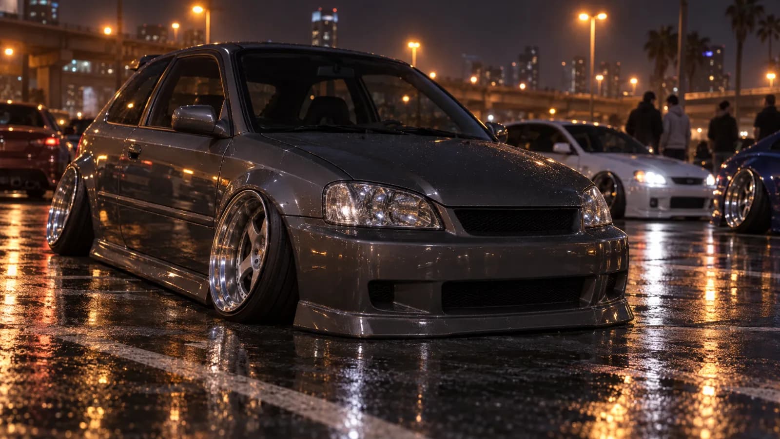 Lowered hatchback with negative camber at a night car meet (illustration)